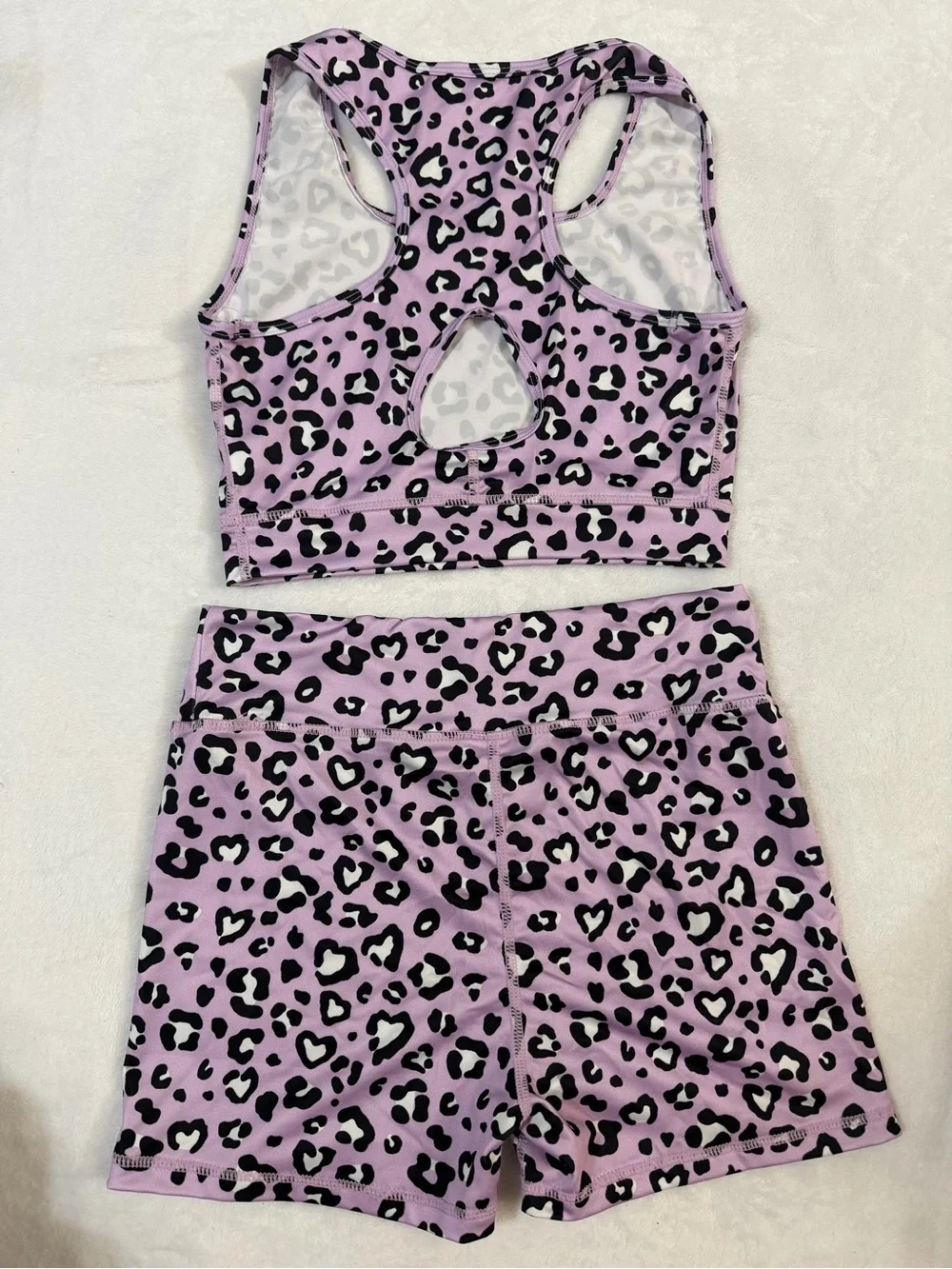 NWOT girls Lilac Leopard Print Sports Bra and Shorts athletic Set 12
